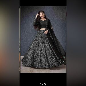 Bollywood  Lehenga Choli Dupetta (black Velvet With Sequins All Over) Size M